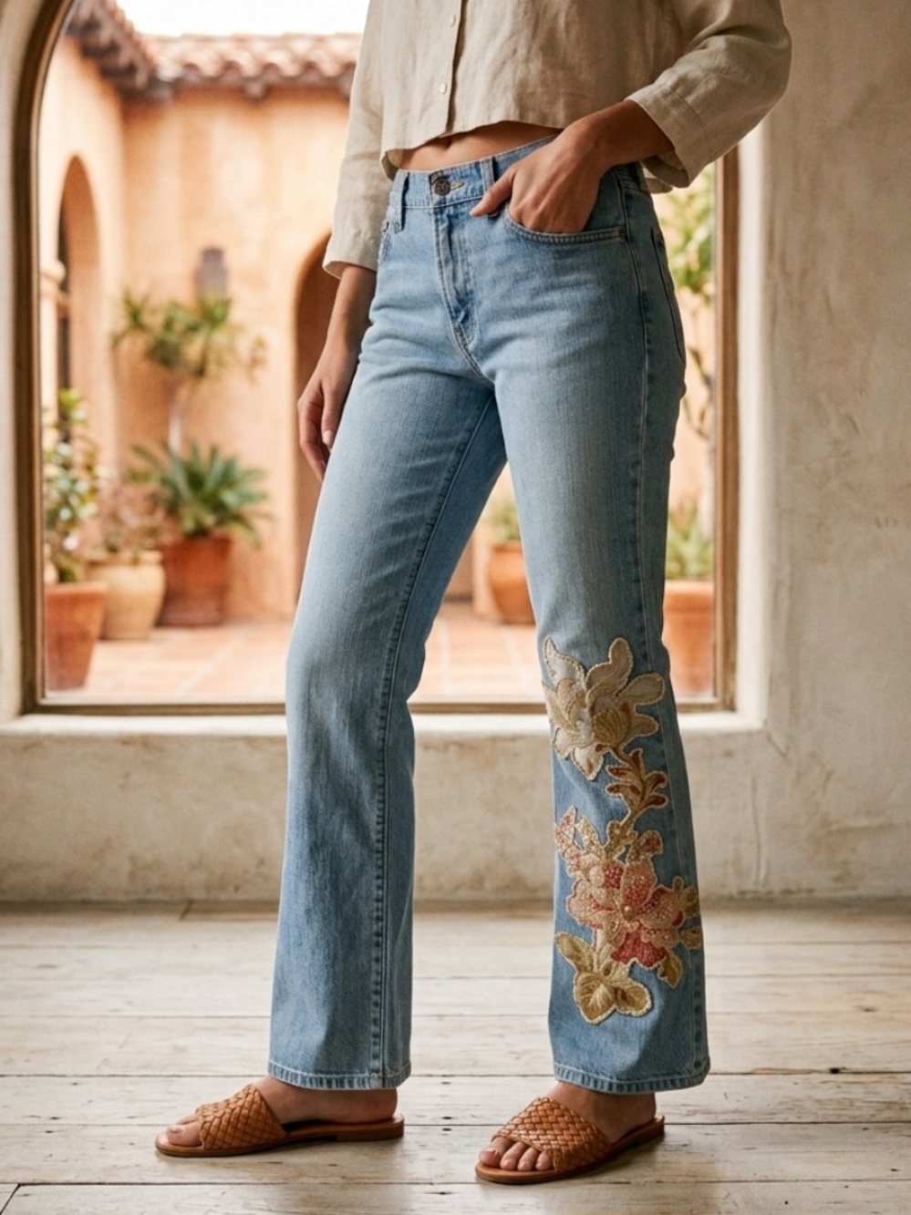 VTG Z Cavaricci Floral Applique Flare Jeans Med Wash Women's Size 10 Stretch Y2K